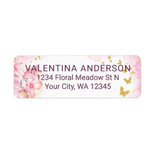 Whimsical Gold Glitter Butterflies Pink Flowers Label
