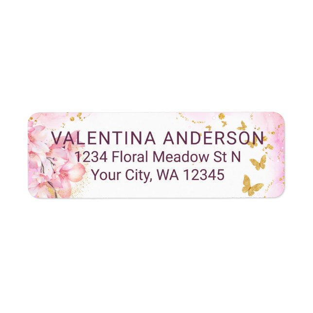 Whimsical Gold Glitter Butterflies Pink Flowers Label (Front)