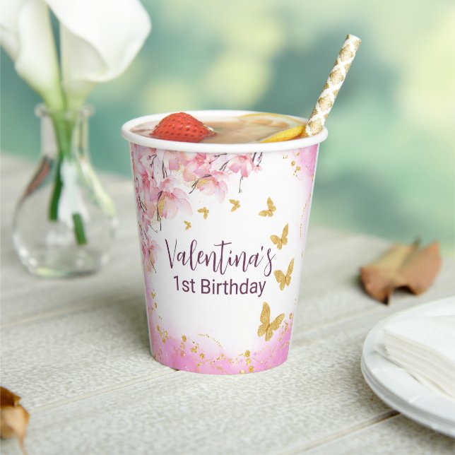 Whimsical Gold Glitter Butterflies Pink Flowers Paper Cups (Insitu)