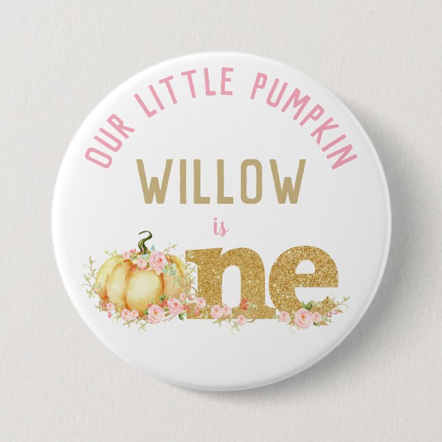 Whimsical Gold Glitter Pumpkin 1st Birthday Girl Button (Front)