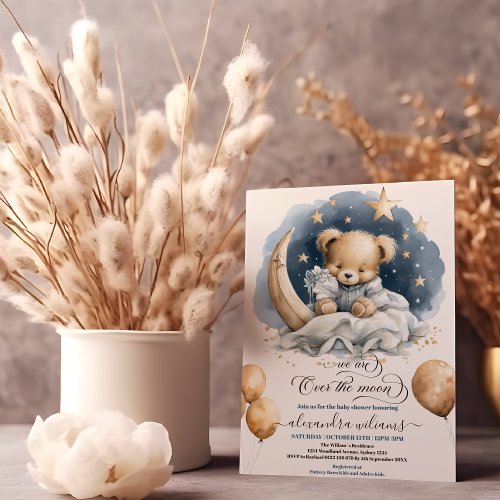 Whimsical Gold Over the Moon Teddy Bear Baby Showe Invitation
