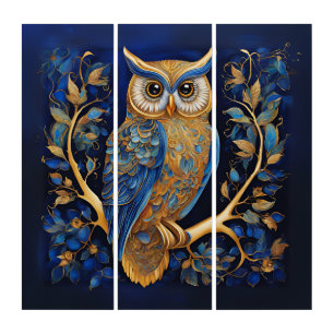 Whimsical Gold Owl Perched on Sapphire Blue Triptych