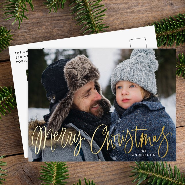 Whimsical Gold Script Merry Christmas 2 Photo Foil Holiday Postcard (Creator Uploaded)