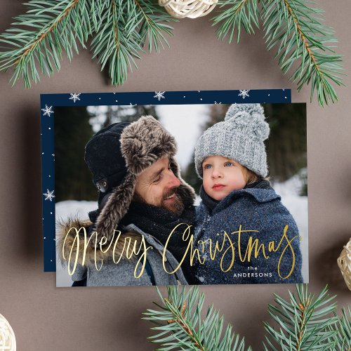 Whimsical Gold Script Navy Merry Christmas Photo Foil Holiday Card