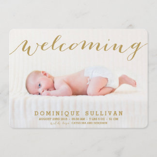 Whimsical Gold Script Photo Birth Announcement