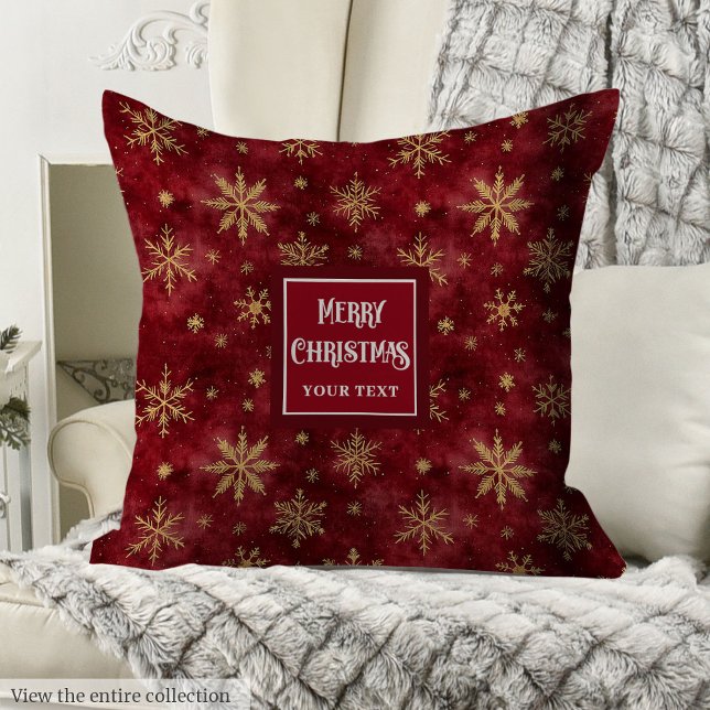 Whimsical gold snowflakes deep red pillow (Whimsical gold snowflakes deep red pillow)