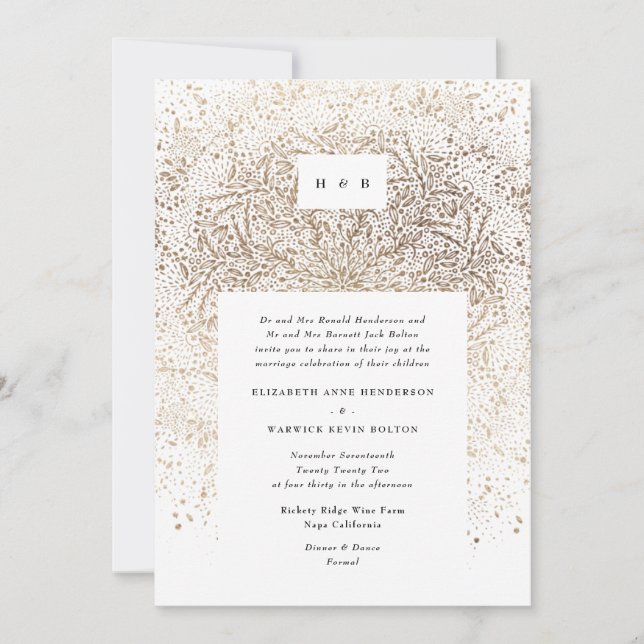 Whimsical Gold Sparkle Fantasy Monogram Wedding Invitation (Front)