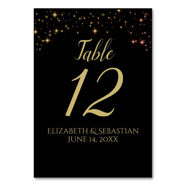 Whimsical Gold Sparkles on Black Wedding Reception Table Number (Front)