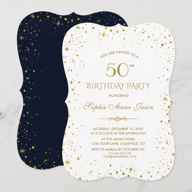 Whimsical Gold Starry Night 50th Birthday Invitation (Front/Back)