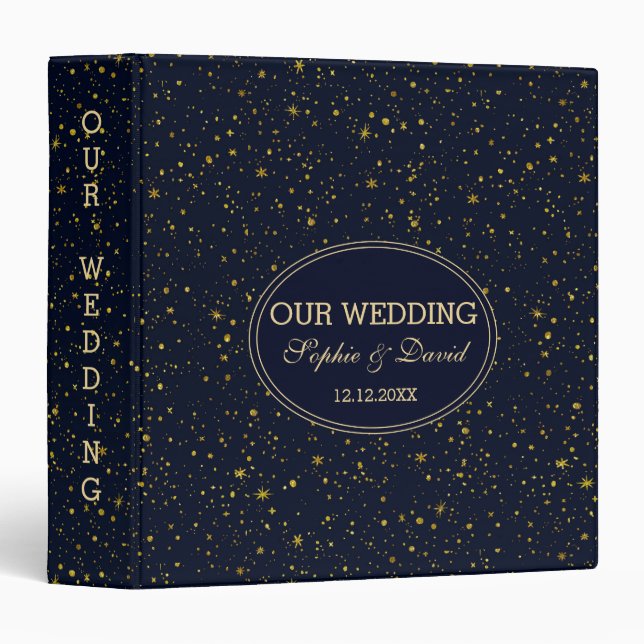 Whimsical Gold Starry Night Navy Blue Wedding 3 Ring Binder (Front/Spine)