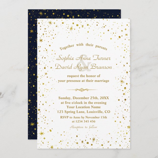Whimsical Gold Starry Night Navy Blue Wedding Invitation (Front/Back)