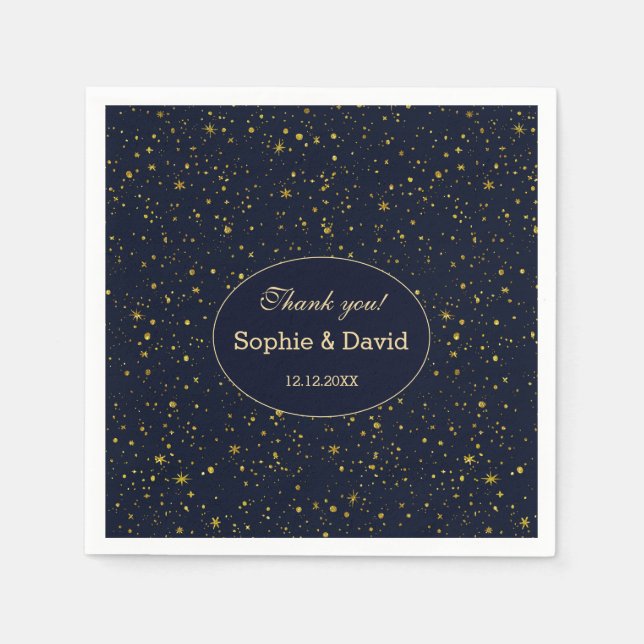 Whimsical Gold Starry Night Navy Blue Wedding Napkins (Front)