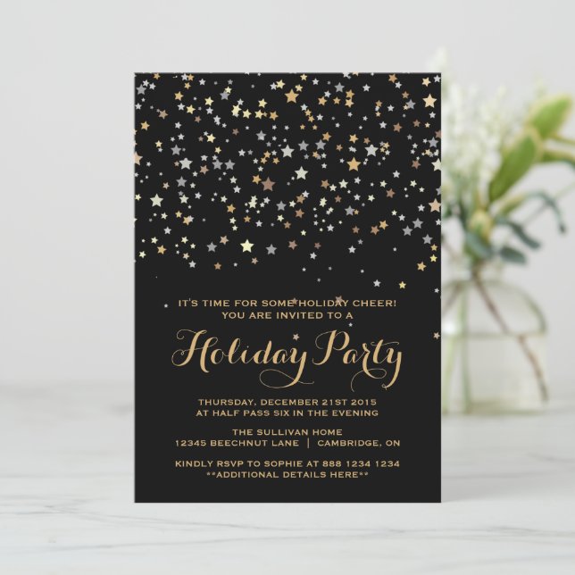 Whimsical Gold Stars Confetti Holiday Party Invitation (Standing Front)