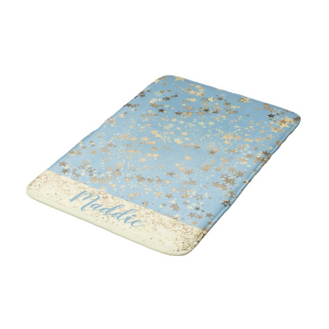 Whimsical Gold Stars on Blue Personalized Bath Mat (Angled)