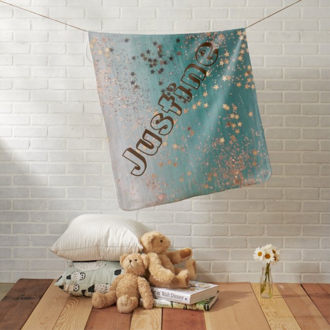 Whimsical Gold Stars on Teal Personalized Baby Blanket (In Situ)