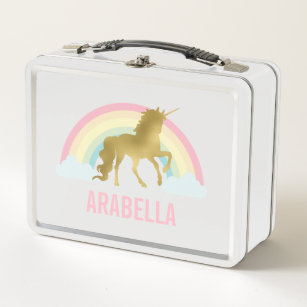 Whimsical Gold Unicorn Girl's Metal Lunch Box