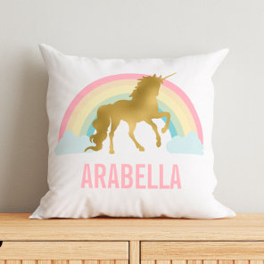 Whimsical Gold Unicorn Throw Pillow