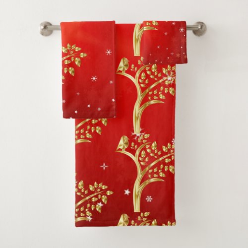 Whimsical Golden Bird Tree Of Life Snowflakes Star Bath Towel Set