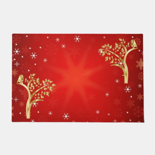 Whimsical Golden Bird Tree Of Life Snowflakes Star Doormat