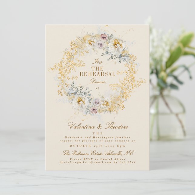 whimsical golden botanical wreath rehearsal dinner invitation (Standing Front)