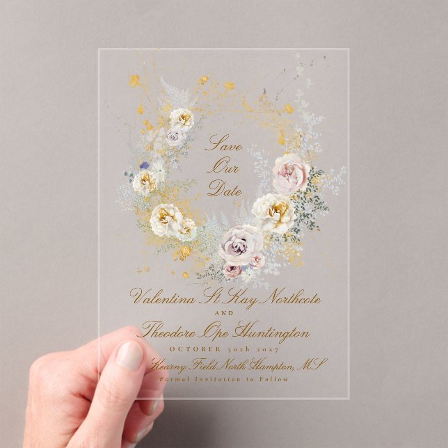 whimsical golden floral wreath photo save the date (Insitu (Handheld))