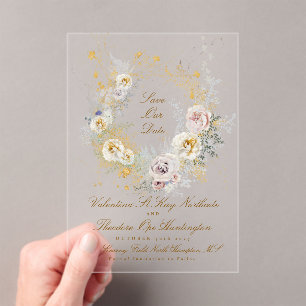 whimsical golden floral wreath photo save the date acrylic invitations