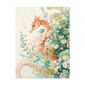 Whimsical Golden Seahorse Botanical Illustration Postcard