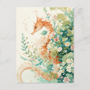 Whimsical Golden Seahorse Botanical Illustration Postcard