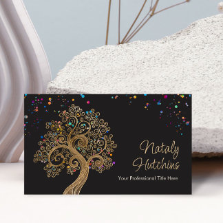 Whimsical Golden Spiral Tree Artistic Business Card