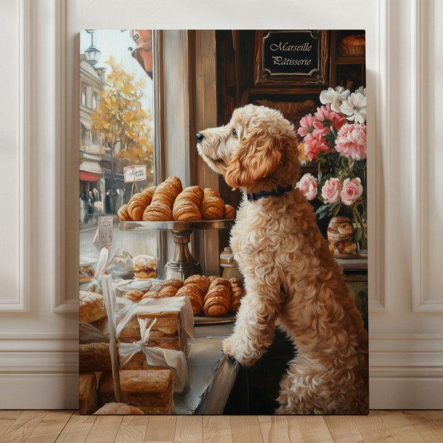 Whimsical Goldendoodle Art - French Bakery Canvas Print (Golden Doodle at the French Bakery – Whimsical Dog Art in Parisian Café Style by Nicole Cossairt)