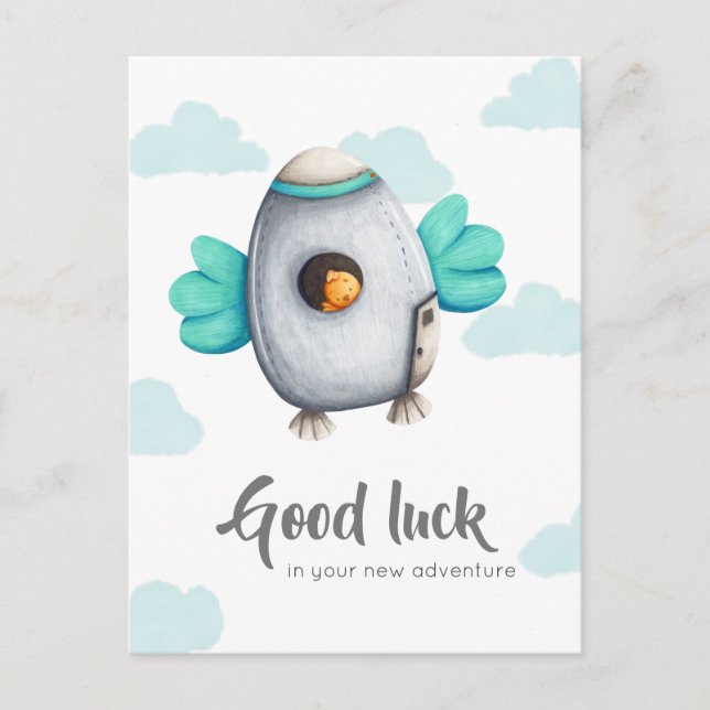 Whimsical Good Luck Spaceship Postcard (Front)