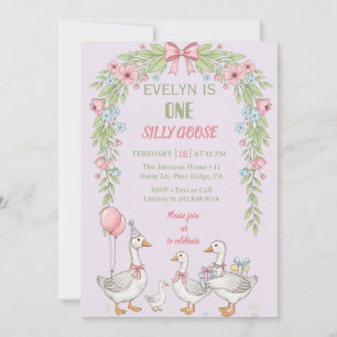Whimsical Goose 1st Birthday Invitation Pink Flora