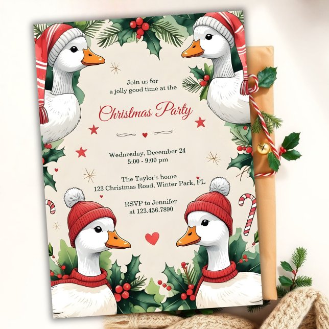 Whimsical Goose Cozy Winter Christmas Party Invitation (Whimsical Goose Christmas Party Invitation. Cozy Winter Hats, Holly & Candy Canes)