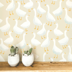 Whimsical Goose Pattern Soft Neutral Style Wallpaper