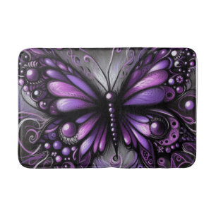 Whimsical Gothic Butterfly Purple Black Colorful Bath Mat