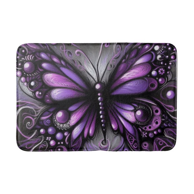 Whimsical Gothic Butterfly Purple Black Colorful Bath Mat (Front)