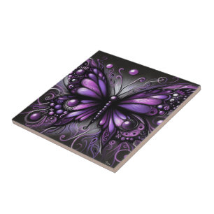 Whimsical Gothic Butterfly Purple Black Colorful Ceramic Tile
