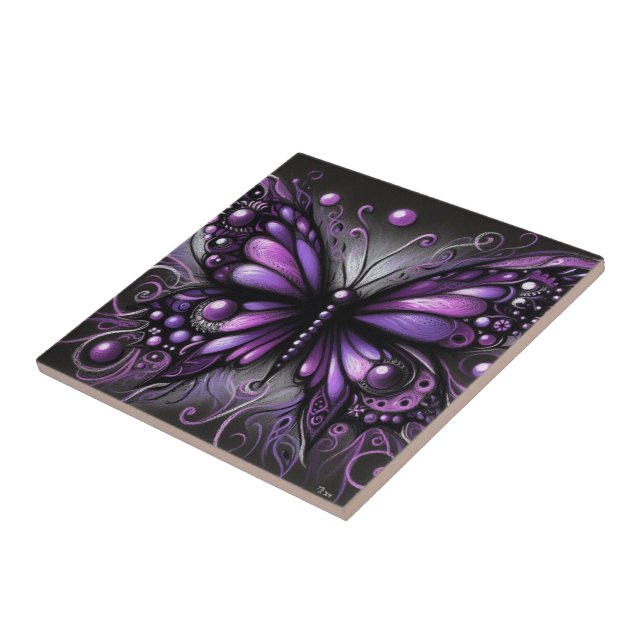 Whimsical Gothic Butterfly Purple Black Colorful Ceramic Tile (Side)