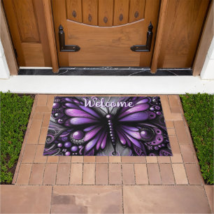Whimsical Gothic Butterfly Purple Black Colorful Doormat