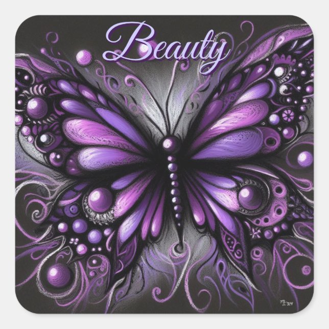 Whimsical Gothic Butterfly Purple Black Colorful Square Sticker (Front)