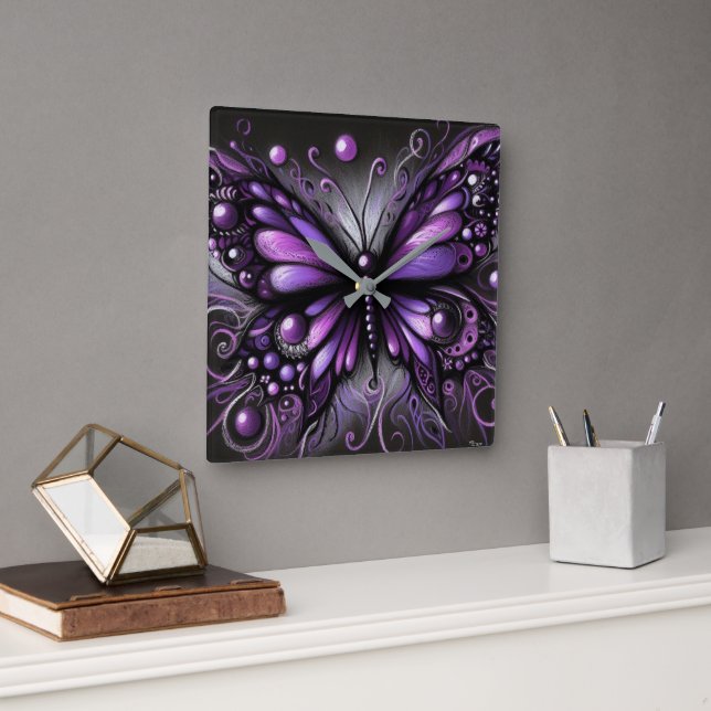 Whimsical Gothic Butterfly Purple Black Colorful Square Wall Clock (Office)