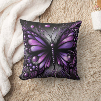 Whimsical Gothic Butterfly Purple Black Colorful Throw Pillow