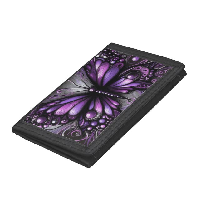 Whimsical Gothic Butterfly Purple Black Colorful Trifold Wallet (Bottom)
