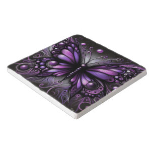 Whimsical Gothic Butterfly Purple Black Colorful Trivet