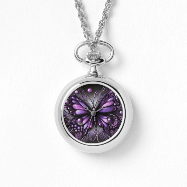 Whimsical Gothic Butterfly Purple Black Colorful Watch (Front)