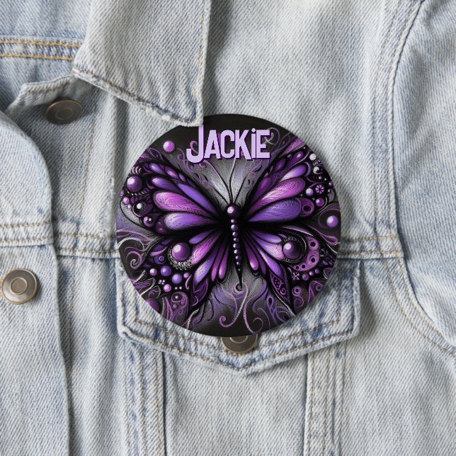 Whimsical Gothic Butterfly Purple Personalized Button (In Situ)