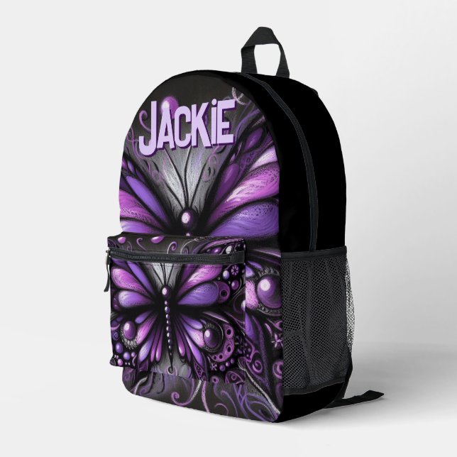 Whimsical Gothic Butterfly Purple Personalized Printed Backpack (Back Corner Right)