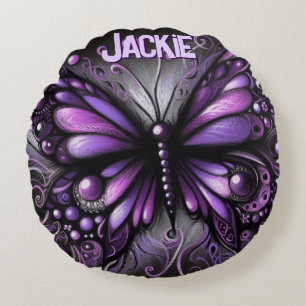 Whimsical Gothic Butterfly Purple Personalized Round Pillow
