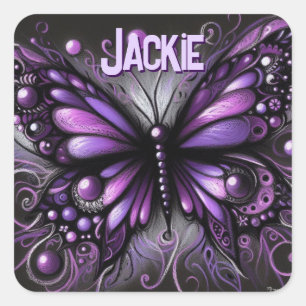 Whimsical Gothic Butterfly Purple Personalized Square Sticker