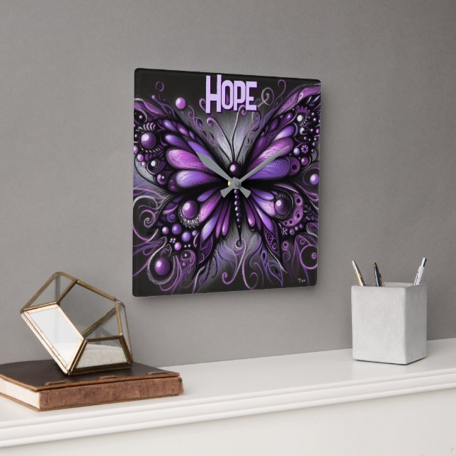 Whimsical Gothic Butterfly Purple Personalized Square Wall Clock (Office)